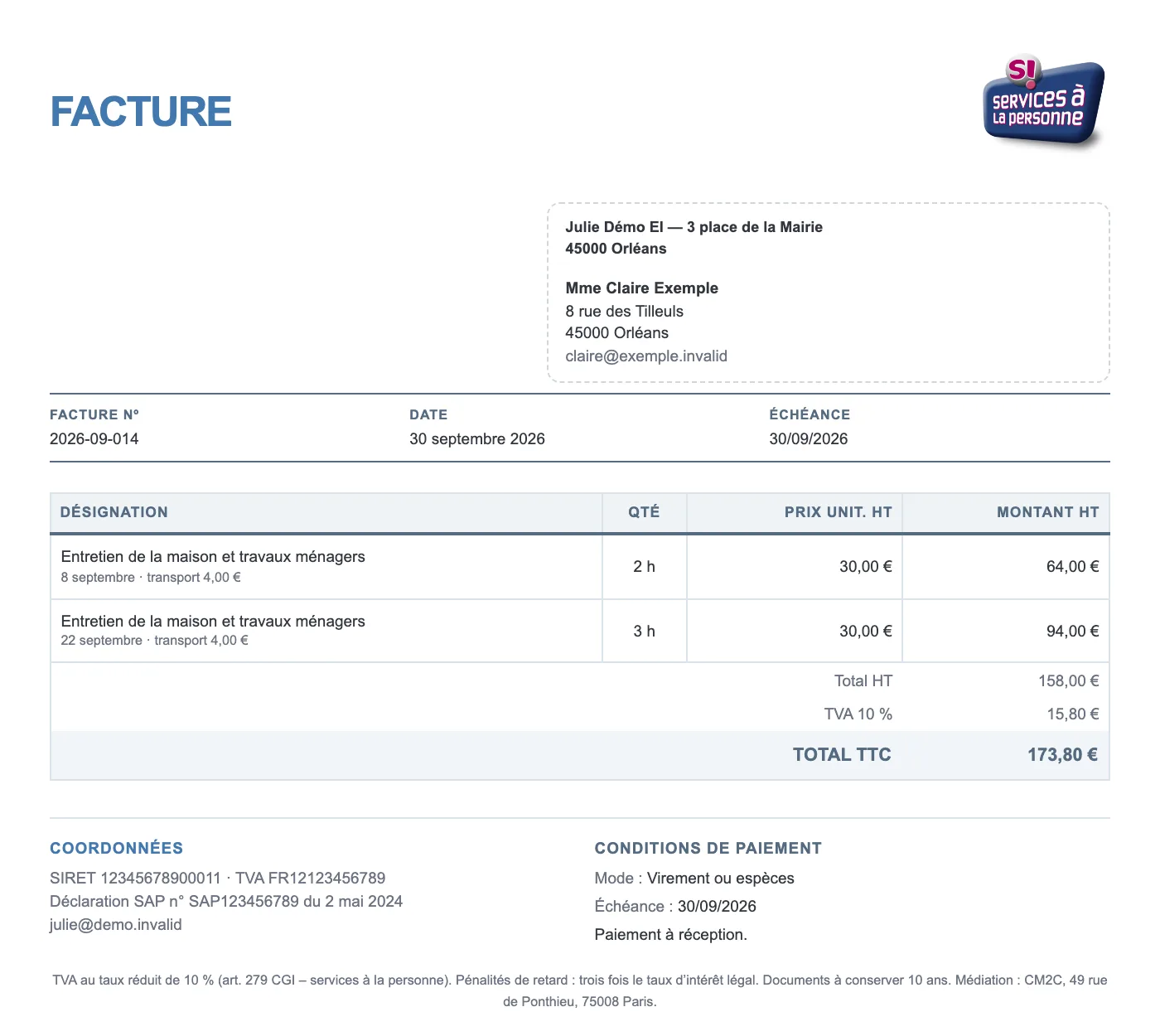 Exemple de facture de service à la personne éditée avec Servatus : logo SAP, coordonnées, numéro de déclaration SAP et sa date, nature du service, date d’intervention, temps passé, prix unitaire hors taxes, frais de déplacement, TVA à taux réduit